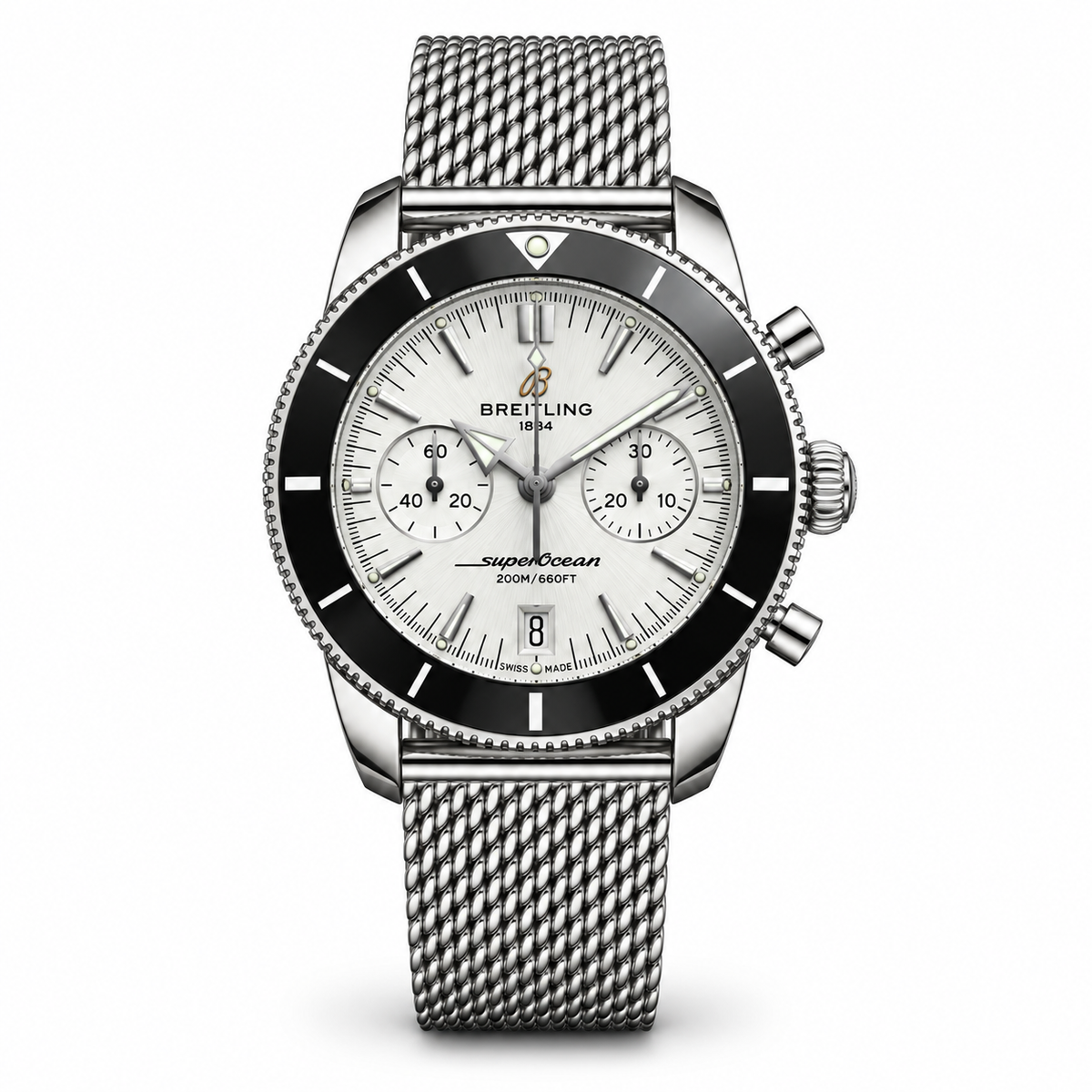 Breitling Superocean Heritage Chronograph 42mm – Hopeanvärinen mesh-ranneke