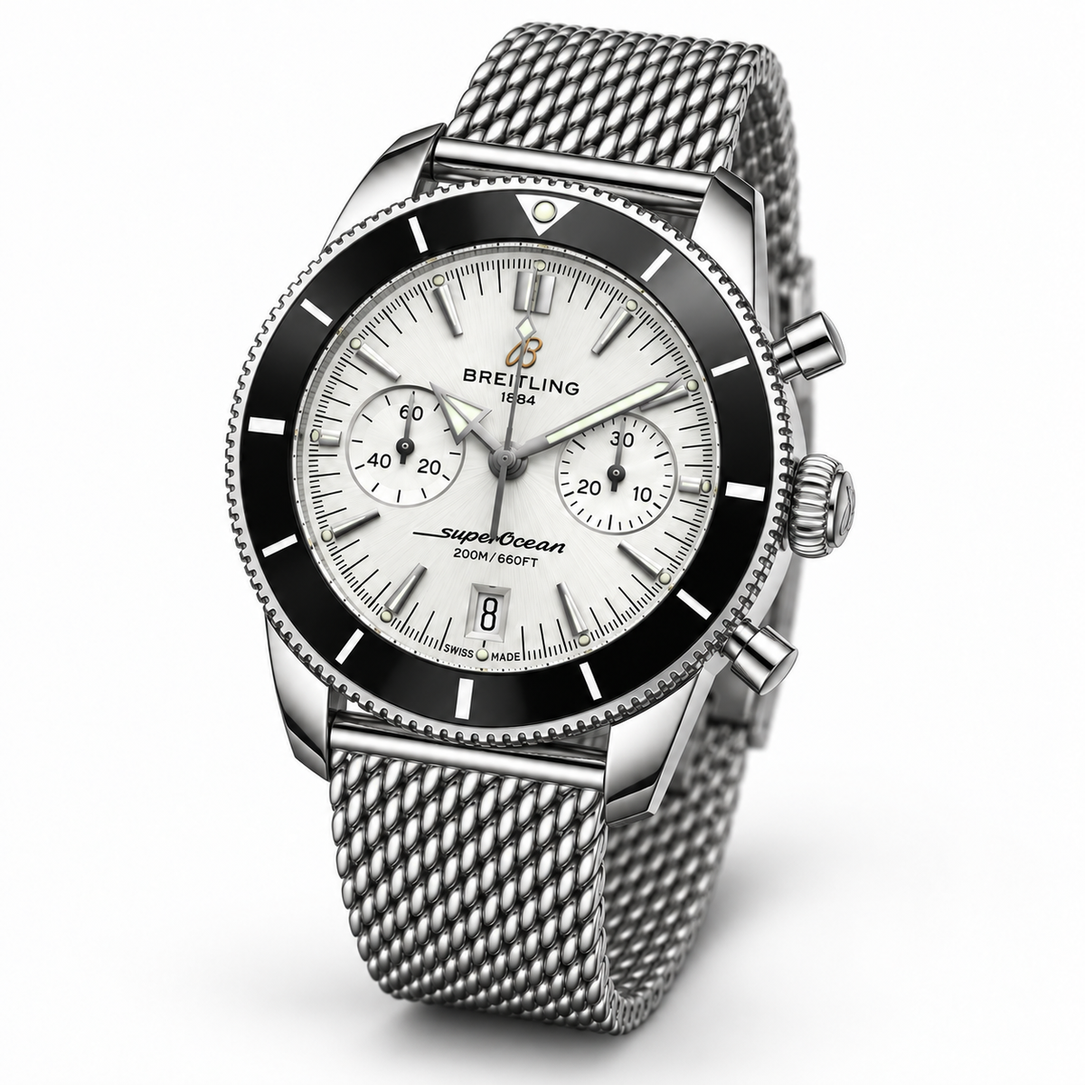 Breitling Superocean Heritage Chronograph 42mm – Hopeanvärinen mesh-ranneke