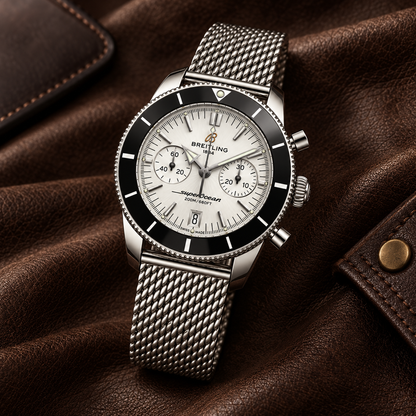 Breitling Superocean Heritage Chronograph 42mm – Hopeanvärinen mesh-ranneke
