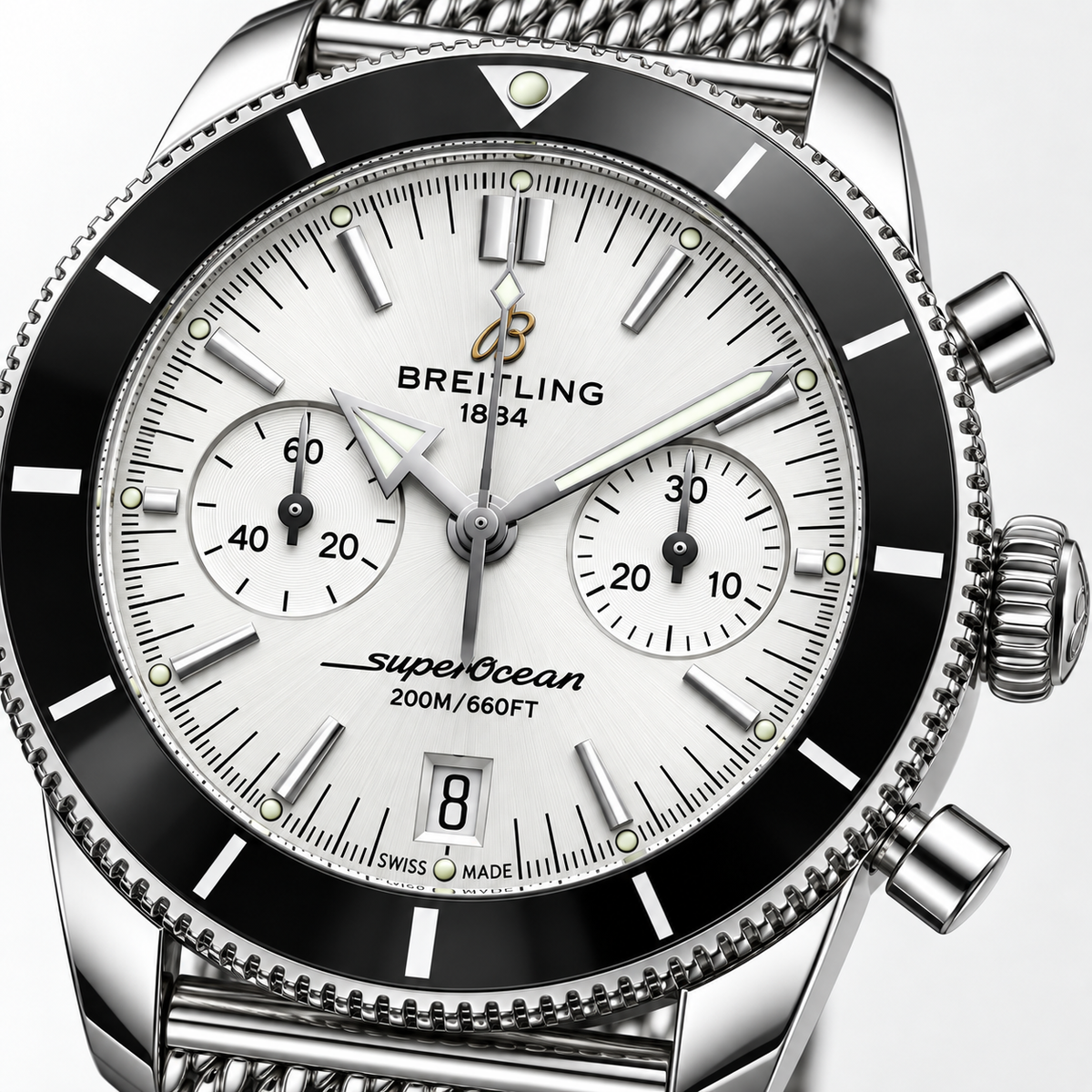 Breitling Superocean Heritage Chronograph 42mm – Hopeanvärinen mesh-ranneke